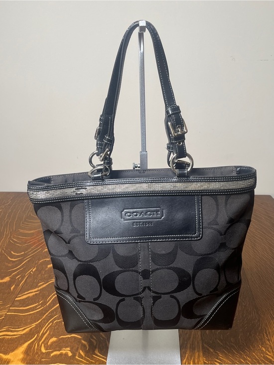 Coach Handbags - Coach Black Signature Canvas Shoulder Tote with shiny clear bead details.